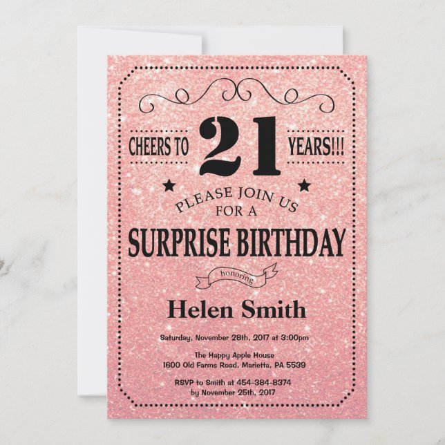 Surprise 21st Birthday Pink Rose Gold Glitter Invitation (Front)