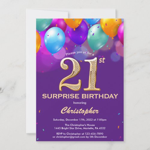 Surprise 21st Birthday Purple and Gold Balloons Invitation