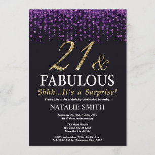 Surprise 21st Birthday Purple and Gold Glitter Invitation