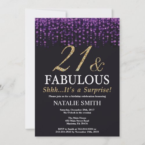 Surprise 21st Birthday Purple and Gold Glitter Invitation