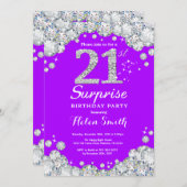 Surprise 21st Birthday Purple and Silver Diamond Invitation (Front/Back)