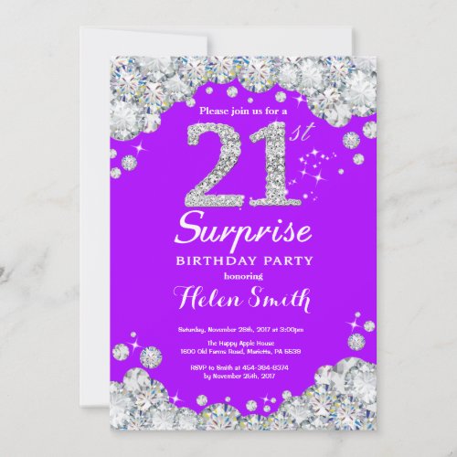 Surprise 21st Birthday Purple and Silver Diamond Invitation