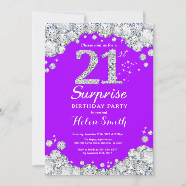 Surprise 21st Birthday Purple and Silver Diamond Invitation (Front)