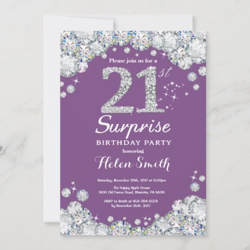 Surprise 21st Birthday Purple and Silver Diamond Invitation