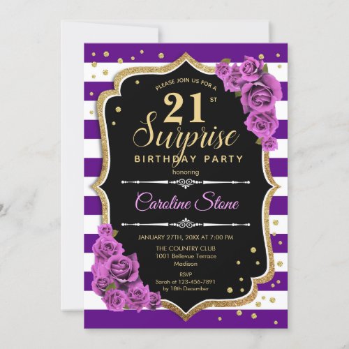 Surprise 21st Birthday _ Purple Gold Invitation