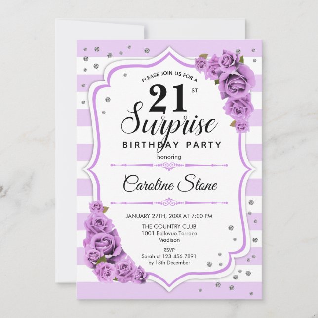 Surprise 21st Birthday - Purple White Invitation (Front)