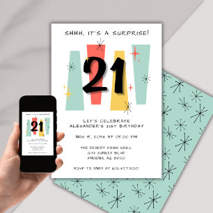 Surprise 21st Birthday Retro Midcentury Colorful Invitation