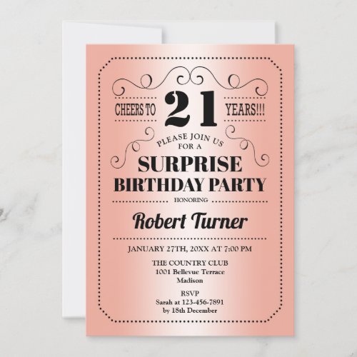 Surprise 21st Birthday _ Rose Gold Black Invitation