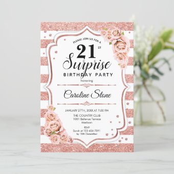 Surprise 21st Birthday - Rose Gold White Pink Invitation | Zazzle