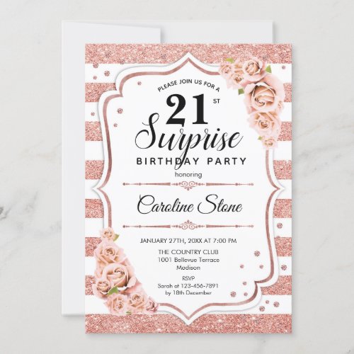 Surprise 21st Birthday _ Rose Gold White Pink Invitation