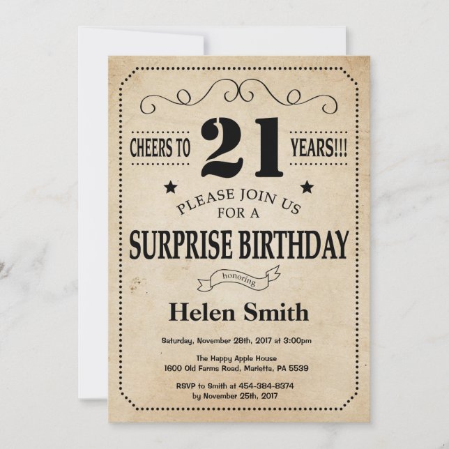 Surprise 21st Birthday Rustic Vintage Retro Invitation (Front)