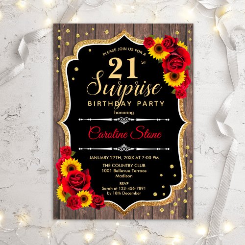 Surprise 21st Birthday _ Rustic Wood Sunflowers Invitation