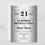 Surprise 21st Birthday - Silver Black Invitation<br><div class="desc">Surprise 21st Birthday Party Invitation. Elegant retro design in silver and black. Features stylish typography font and faux silver foil. Cheers to 21 years! Can be customized to any age. Perfect for a classy adult surprise bday celebration.</div>
