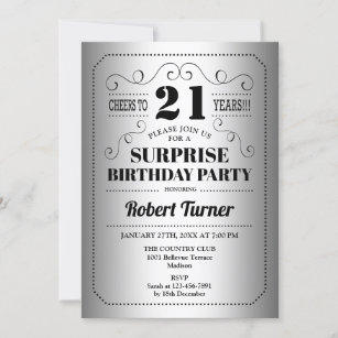 Surprise 21st Birthday - Silver Black Invitation