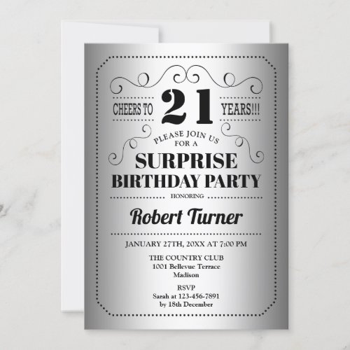 Surprise 21st Birthday _ Silver Black Invitation