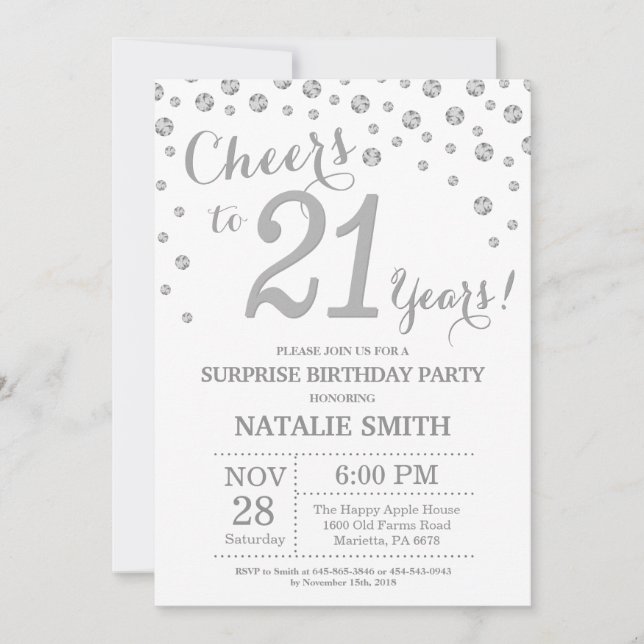 Surprise 21st Birthday Silver Glitter Diamond Invitation (Front)