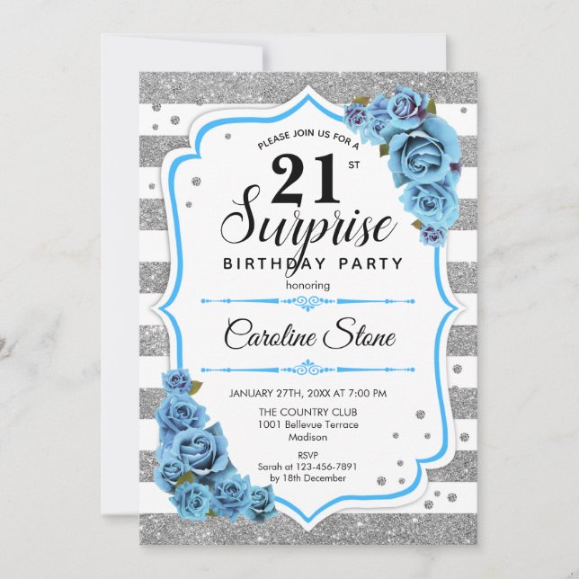 Surprise 21st Birthday - Silver White Blue Invitation (Front)
