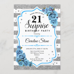 Surprise 21st Birthday - Silver White Blue Invitation