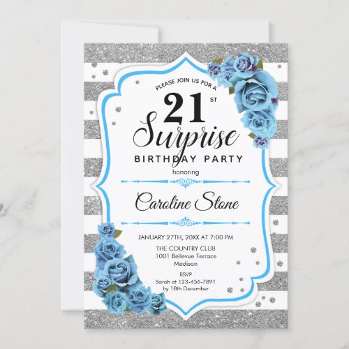 Surprise 21st Birthday _ Silver White Blue Invitation