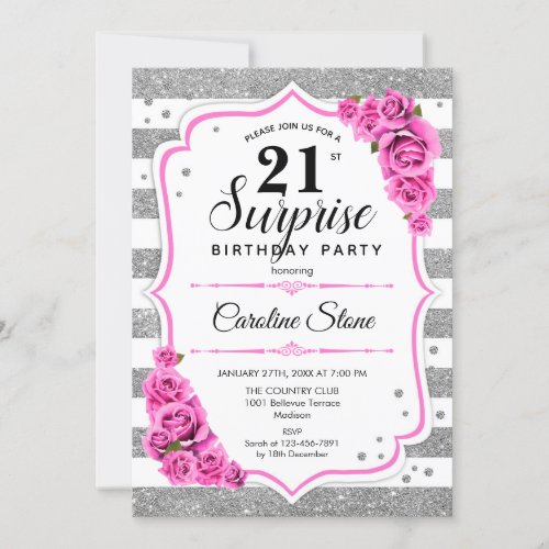 Surprise 21st Birthday _ Silver White Pink Invitation