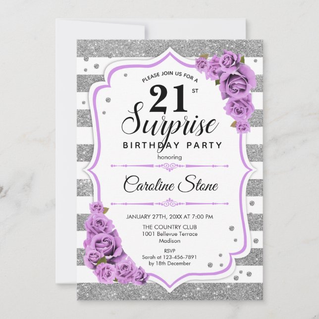 Surprise 21st Birthday - Silver White Purple Invitation (Front)
