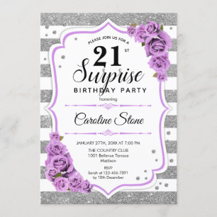 Surprise 21st Birthday - Silver White Purple Invitation