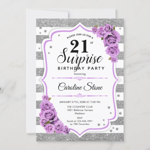 Surprise 21st Birthday _ Silver White Purple Invitation