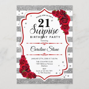 Surprise 21st Birthday - Silver White Red Invitation