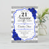 Surprise 21st Birthday - Silver White Royal Blue Invitation (Standing Front)