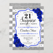 Surprise 21st Birthday - Silver White Royal Blue Invitation (Front/Back)