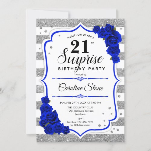 Surprise 21st Birthday _ Silver White Royal Blue Invitation