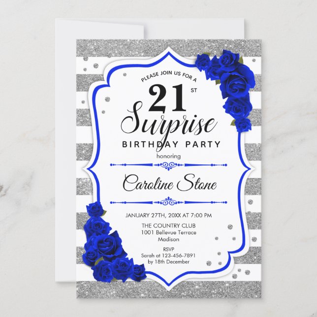Surprise 21st Birthday - Silver White Royal Blue Invitation (Front)
