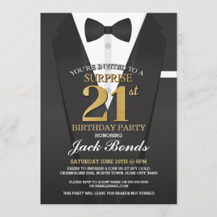 Surprise 21st Birthday Spy Suit Black Gold Tuxedo Invitation