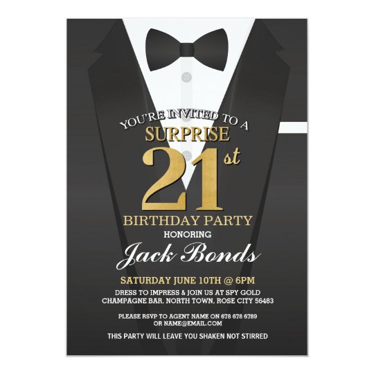 Surprise 21st Birthday Spy Suit Black Gold Tuxedo Invitation | Zazzle.com