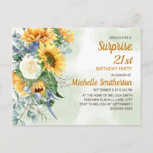 Surprise 21st Birthday Sunflowers Eucalyptus Postcard