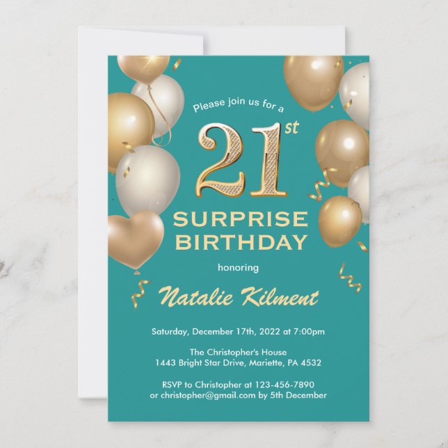 Surprise 21st Birthday Teal and Gold Balloons Invitation (Front)