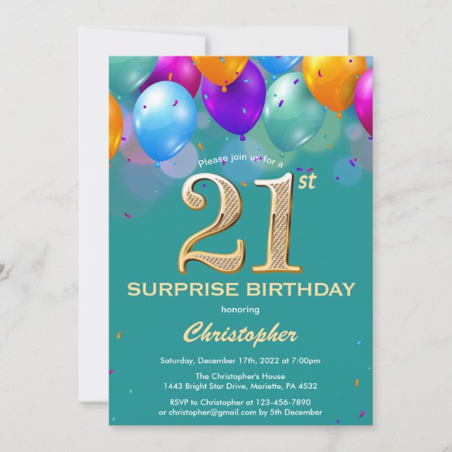 Surprise 21st Birthday Teal and Gold Balloons Invitation (Front)