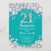 Surprise 21st Birthday Teal and Silver Diamond Invitation (Front/Back)