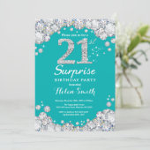 Surprise 21st Birthday Teal and Silver Diamond Invitation (Standing Front)