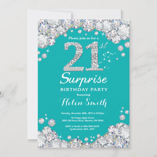 Surprise 21st Birthday Teal and Silver Diamond Invitation (Front)