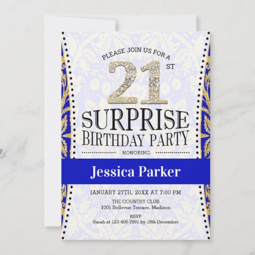 Surprise 21st Birthday _ White Gold Royal Blue Invitation