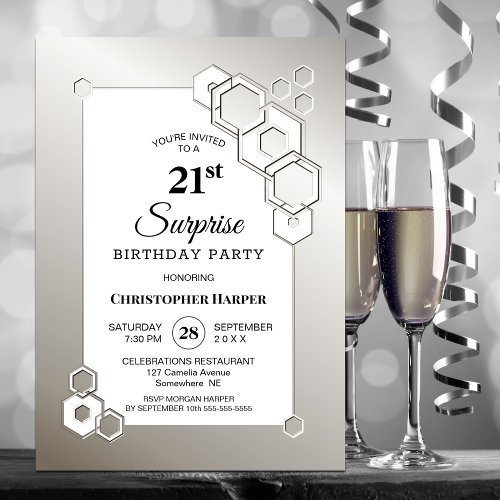 Surprise 21st Silver Geometric Birthday Party Invitation