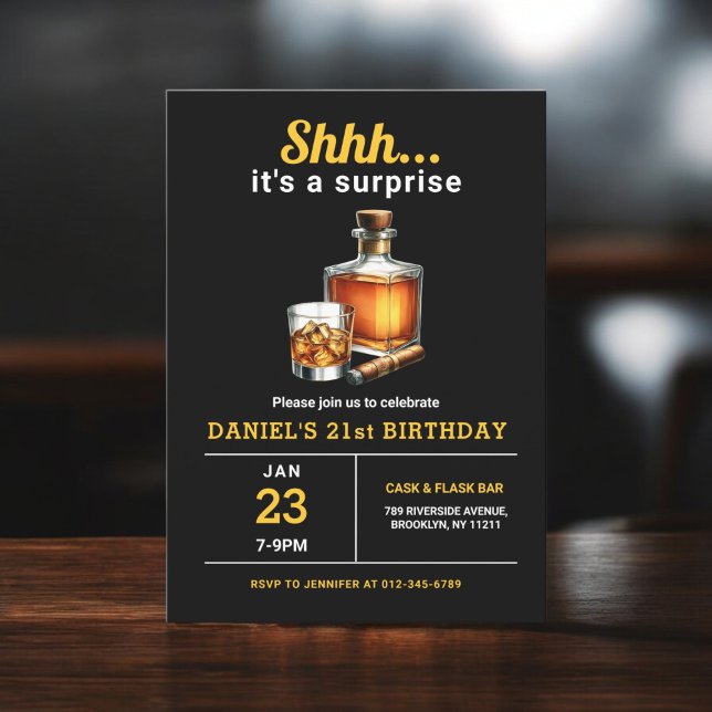 Surprise 21st Whiskey Cigar Bourbon Birthday Party Invitation (Creator Uploaded)