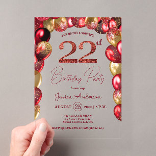 Surprise 22nd Birthday Party Gold Burgundy Glitter Acrylic Invitations