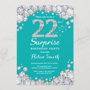Surprise 22nd Birthday Teal and Silver Diamond Invitation
