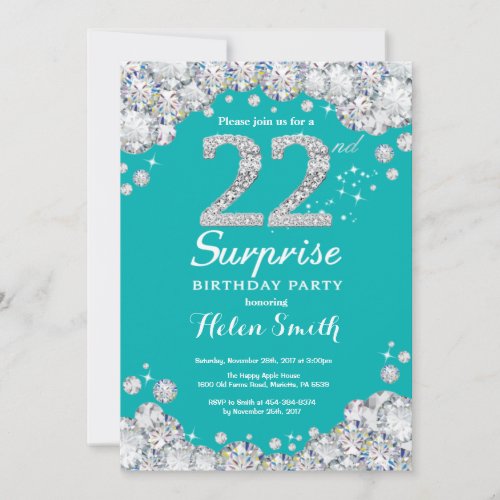 Surprise 22nd Birthday Teal and Silver Diamond Invitation