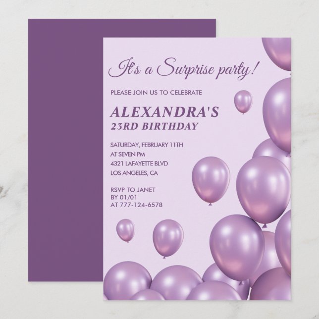 Surprise 23rd birthday invitations Purple Balloons (Front/Back)