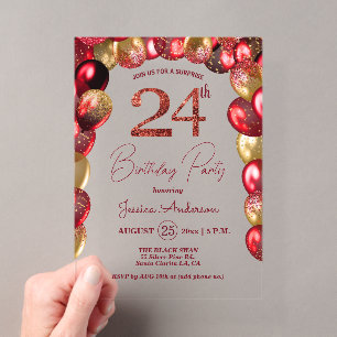 Surprise 24th Birthday Party Gold Burgundy Glitter Acrylic Invitations
