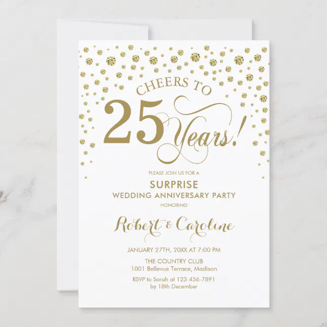 Surprise 25th Anniversary Celebration - White Gold Invitation | Zazzle