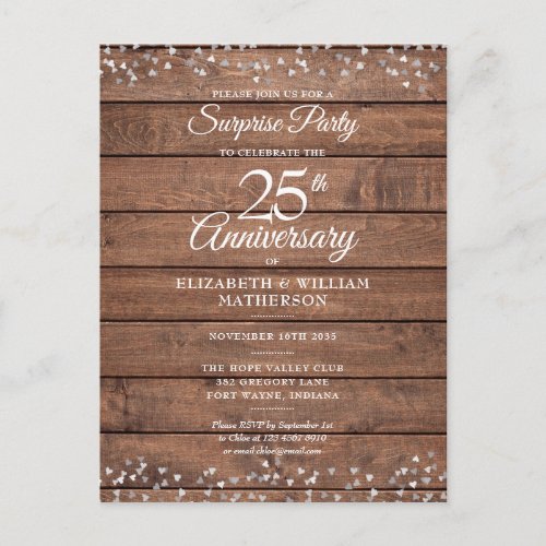 Surprise 25th Anniversary Rustic Silver Hearts Postcard